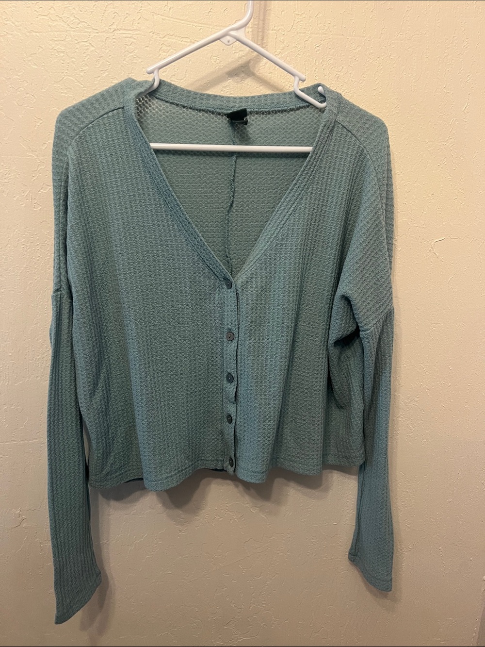 wild fable Light Teal Waffle-Knit Button-Front Long Sleeve Top- fits oversized